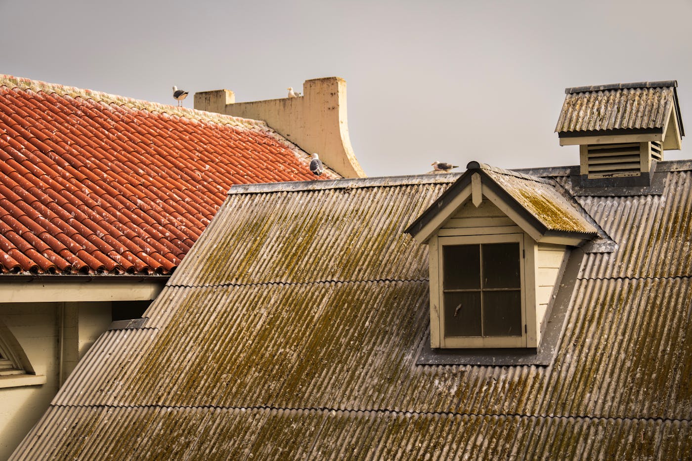 Rustic rooftop with metal and tiled sections where gutter repair is commonly needed